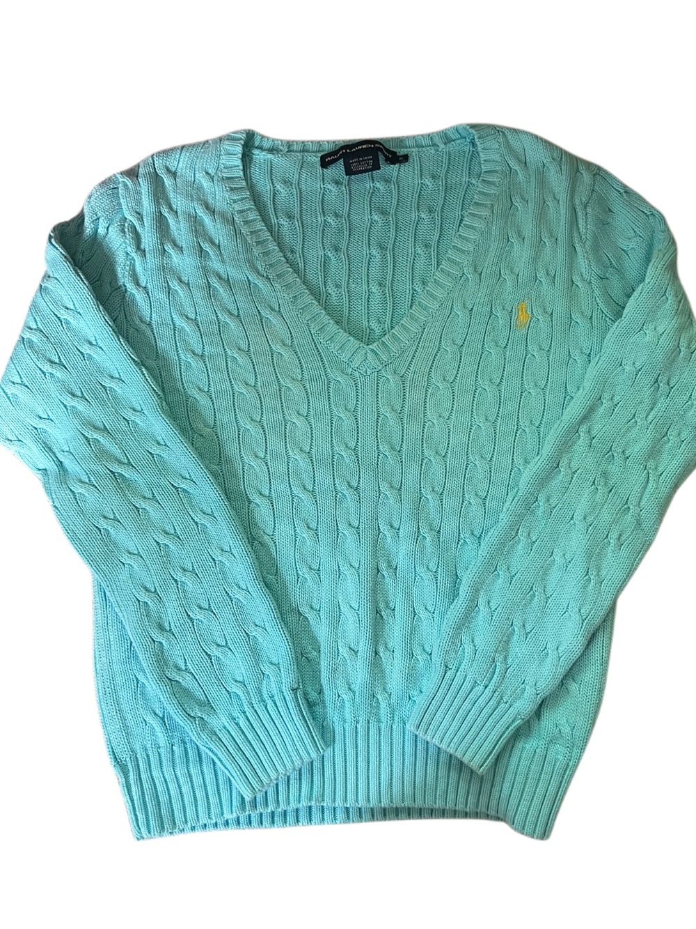 Ralph Lauren Sport Light Aqua Cable Knit V-Neck Sweater